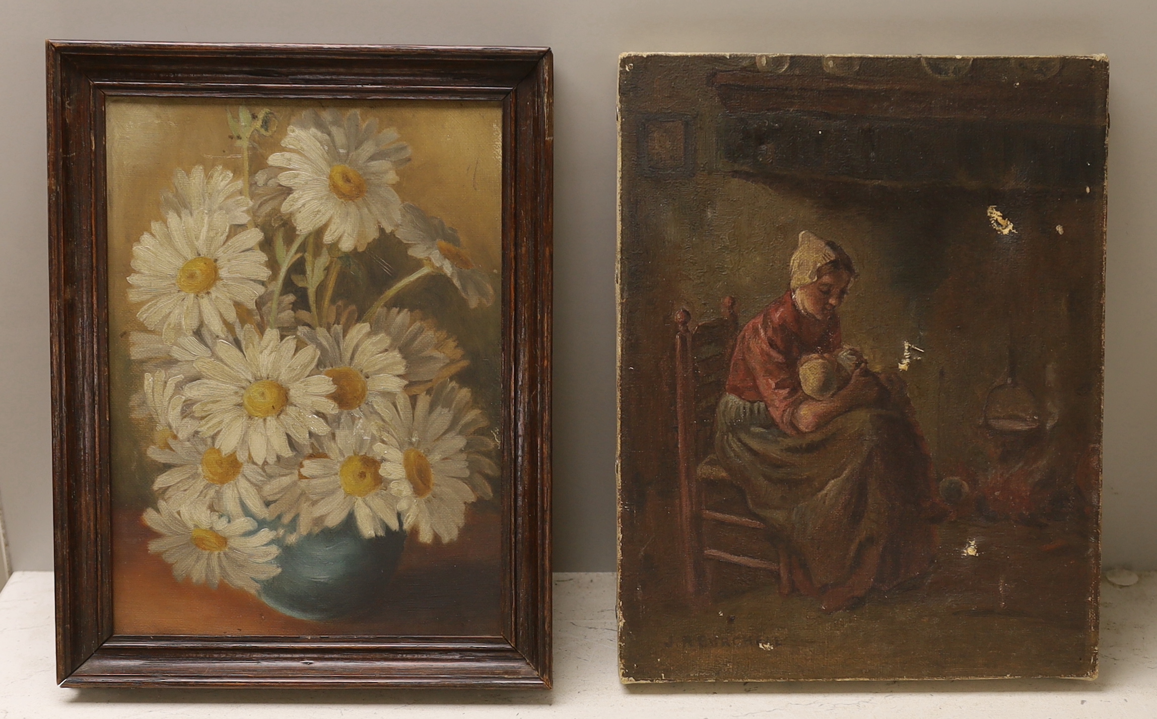 J R Burchell, oil on canvas, Interior scene with young mother cradling her baby, unframed (a.f.) and Modern British School, oil on canvas, Still life of Chrysanthemums in a blue vase, largest 23 x 18cm